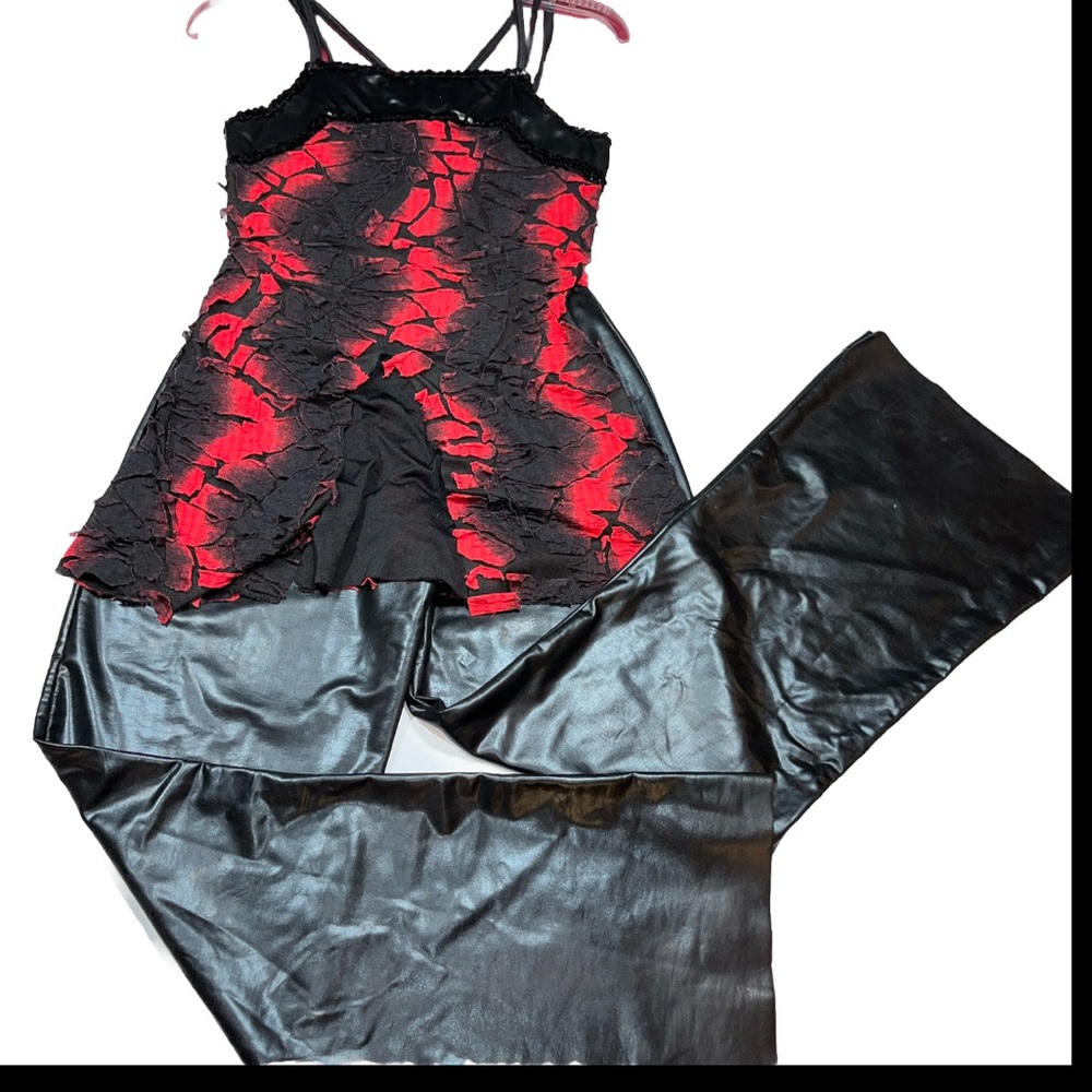 DEVIL black red flames DANCE TANK Top BLACK flared Pants Disco Party Clubwear M